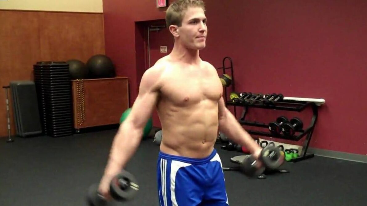 Side elevation with dumbbells: bodybuilding